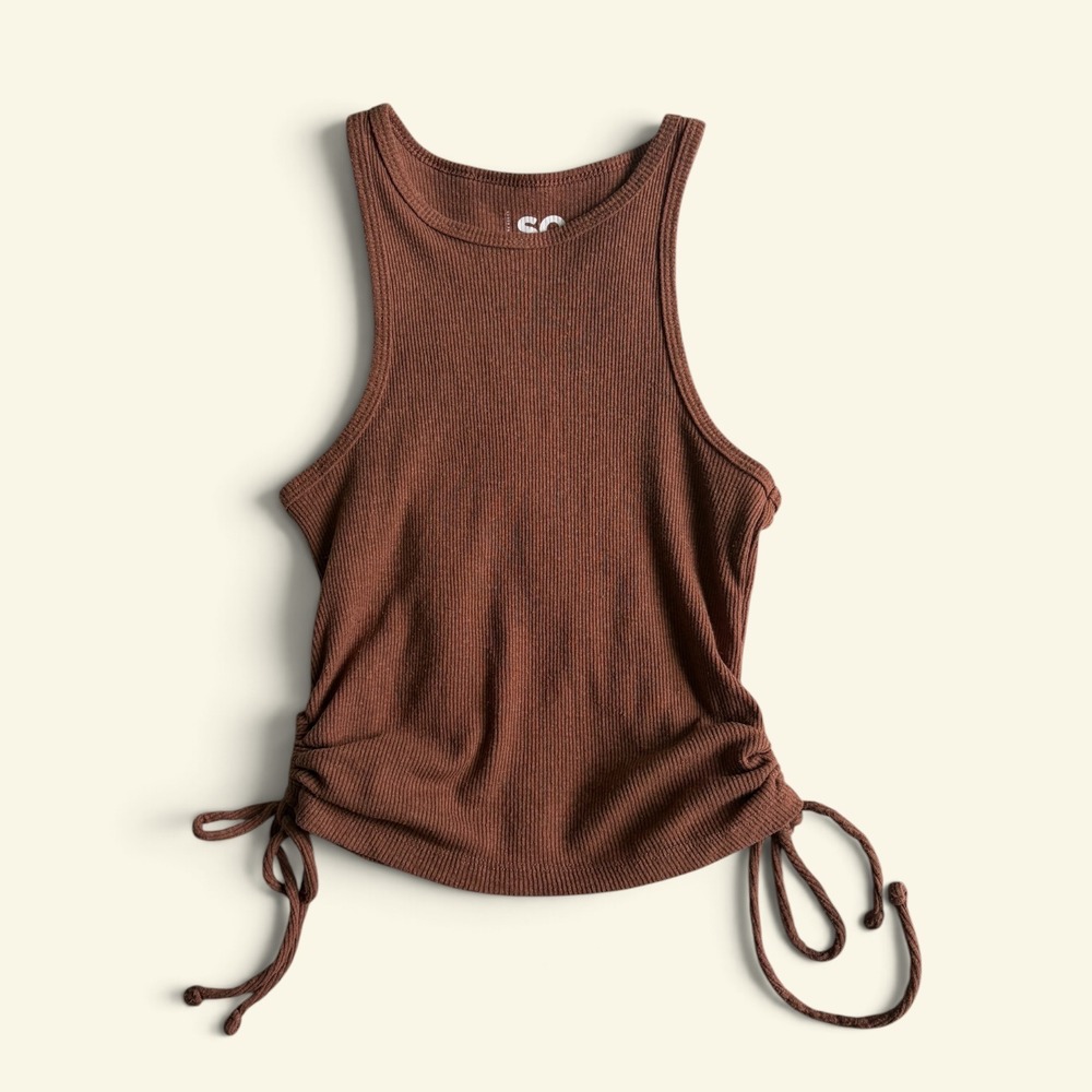 SO Brown Ribbed Side Cinch Tank Top Women's XS Ruched Drawstring Crop Boho Basic